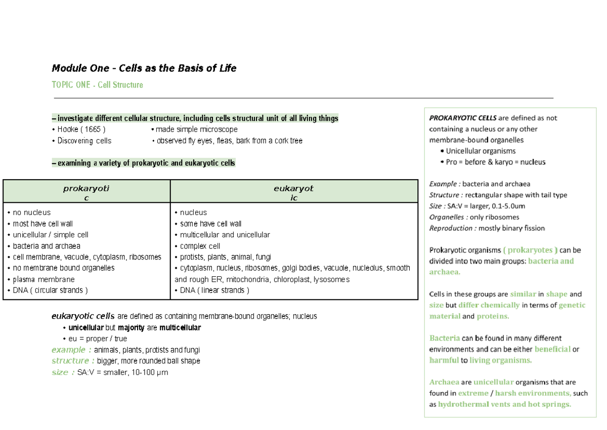 BIO - mod 1 - Cells as the basis of life - Module One - Cells as the ...