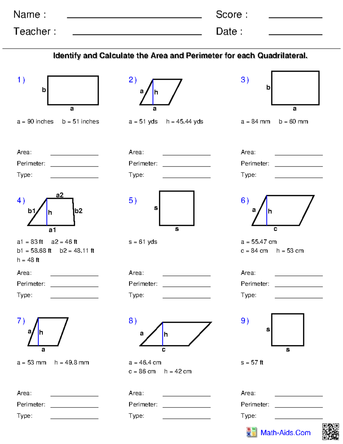 Area and perimeter of quadrilaterals 1 - Name : Teacher : Date : Score ...