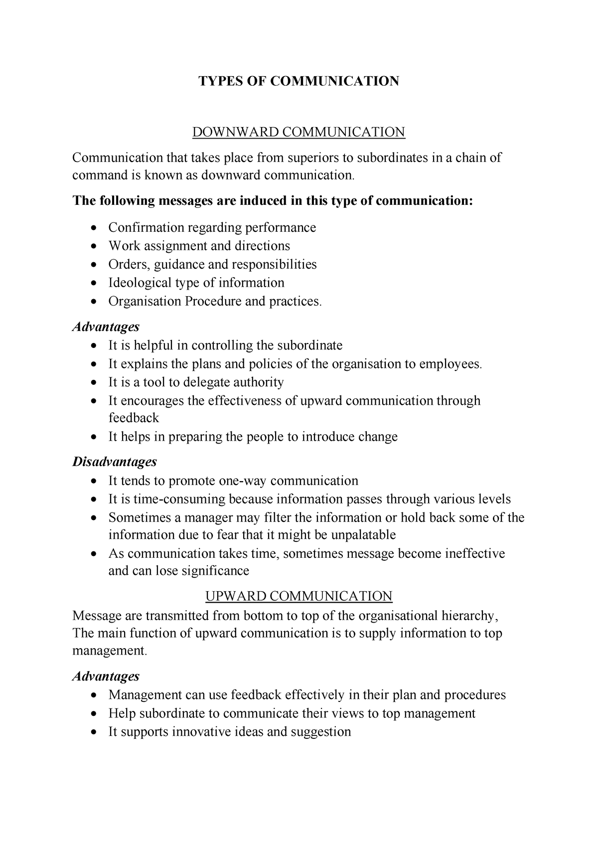 Types of communication - TYPES OF COMMUNICATION DOWNWARD COMMUNICATION ...