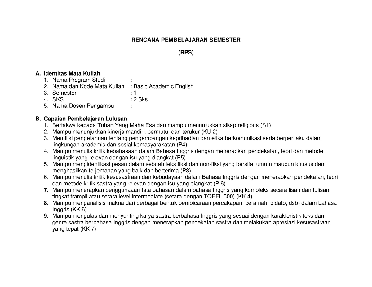 RPS Basic Academic English - RENCANA PEMBELAJARAN SEMESTER (RPS) A ...