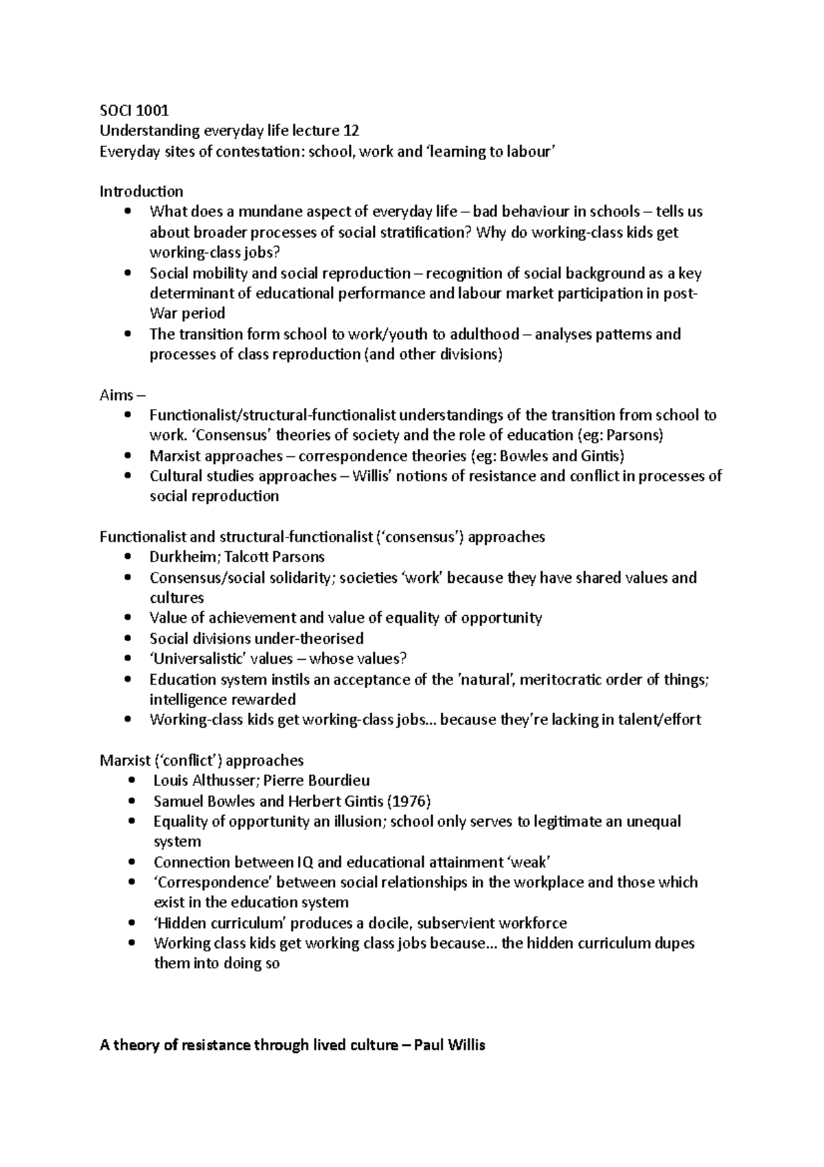 SOCI 1001: Everyday sites of contestation: school, work and ‘learning ...