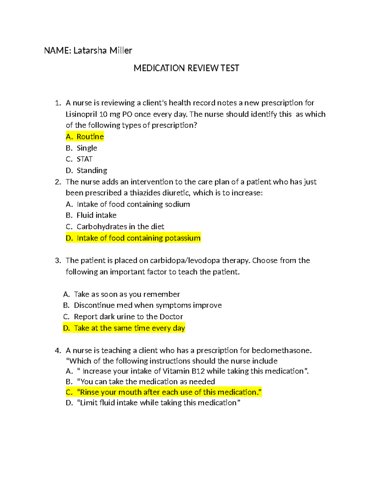 Medication Review Exam - NAME: Latarsha Miller MEDICATION REVIEW TEST A ...