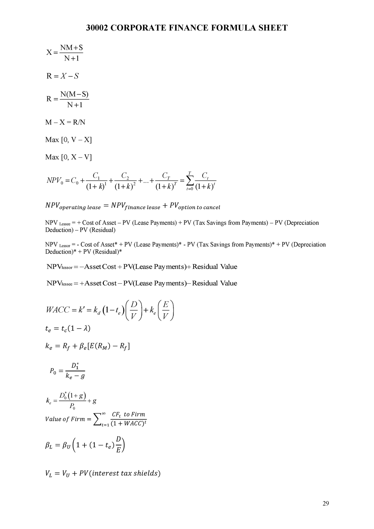 Formula Sheet Final Exam - CORPORATE FINANCE FORMULA SHEET NM S N R X N ...