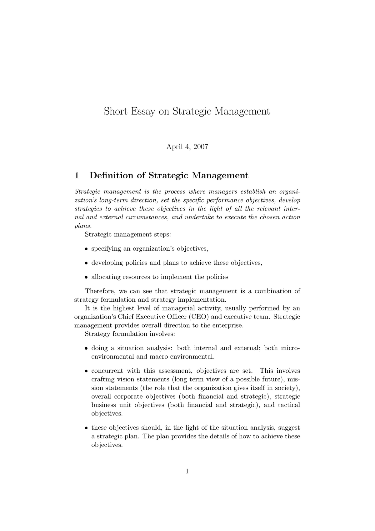 short essay about strategic management