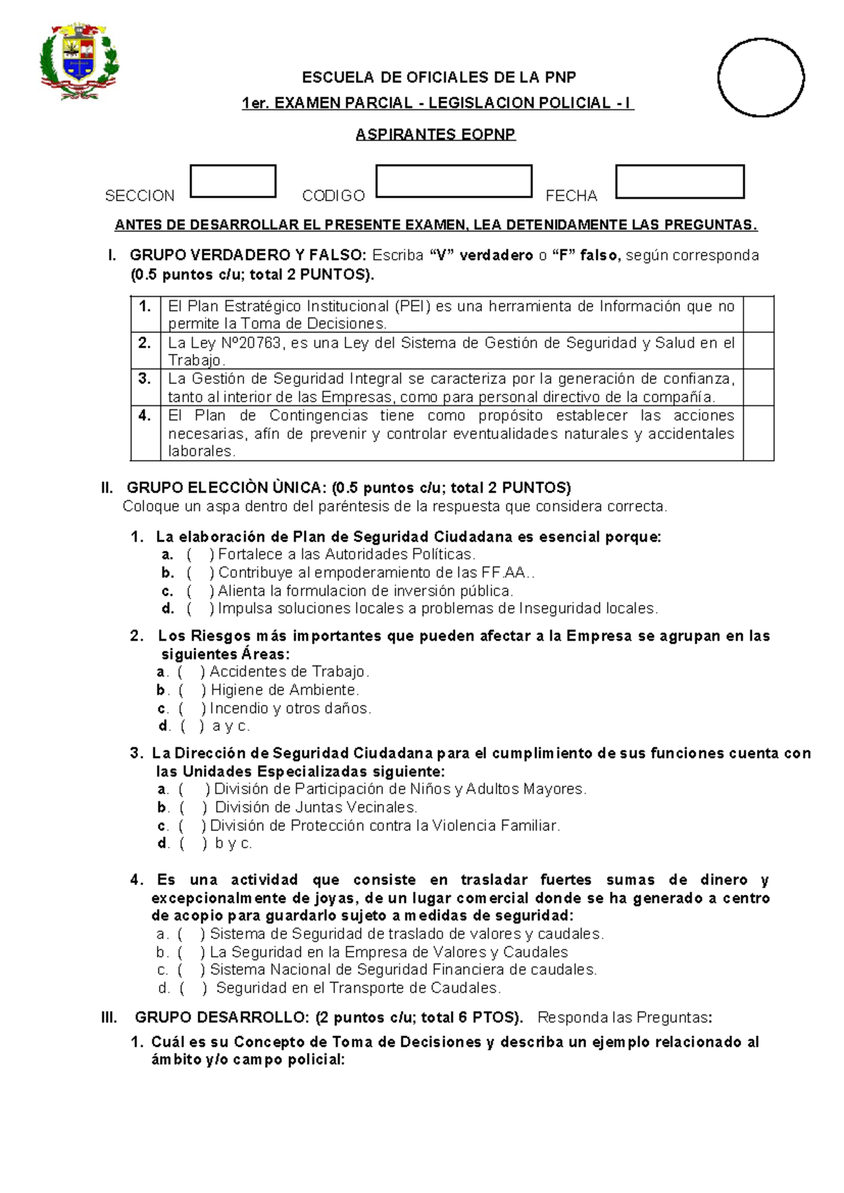 Modelo Examen Legislacion Pol. - I - ESCUELA DE OFICIALES DE LA PNP 1er ...