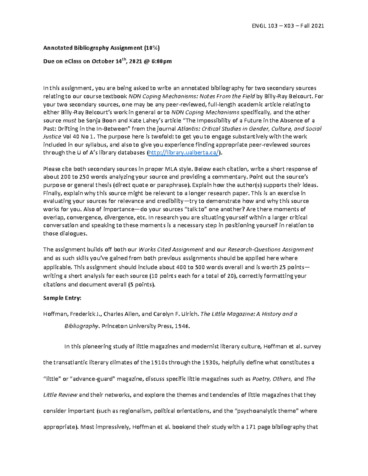 ENGL 103 - Annotated Bibliography Assignment - ENGL 103 – X0 3 – Fall ...