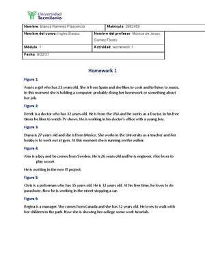 Homework 4 Ingles basico modulo 1 Tecmilenio - Nombre: Bianca Ramirez ...