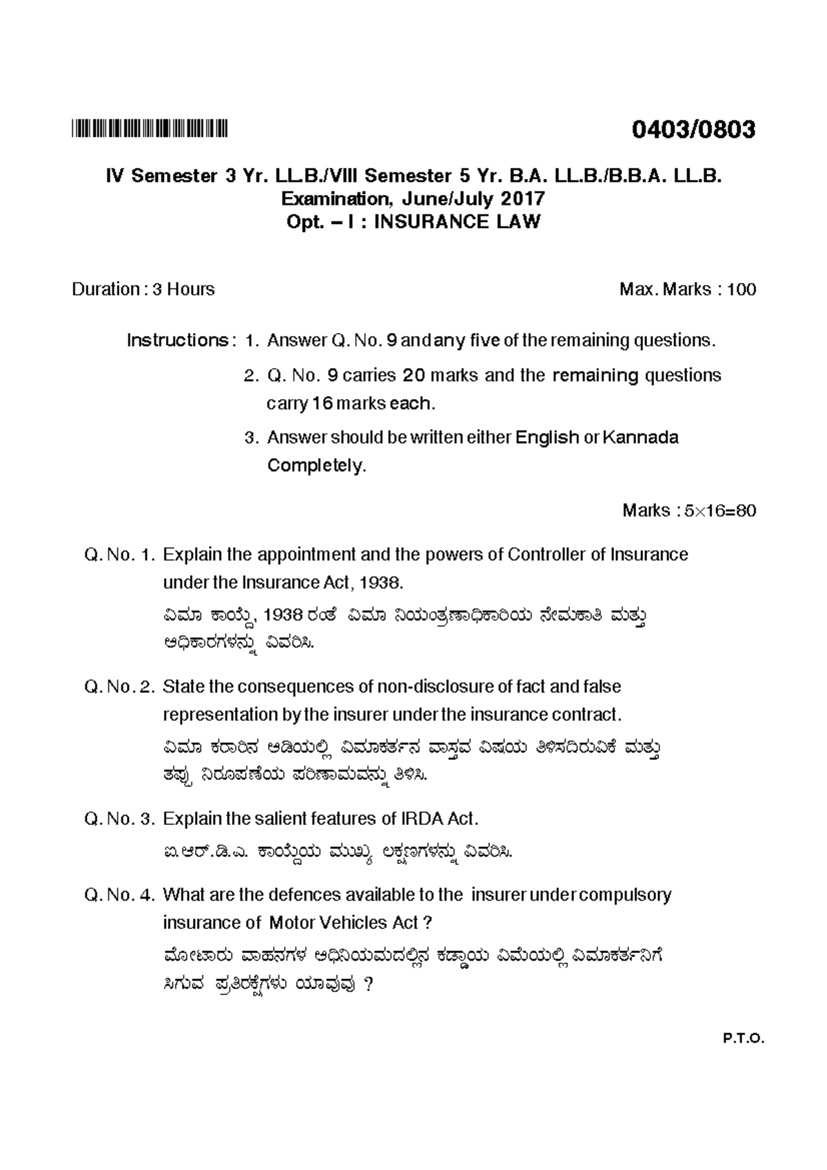 June2017 - Insurance Law - BHRHQHVHQB 0403/ IV Semester 3 Yr. LL./VIII ...