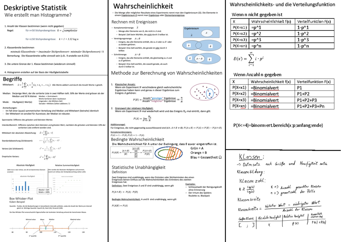 Statistik Zusammenfassung - Die Wahrscheinlichkeit Für A Unter Der ...