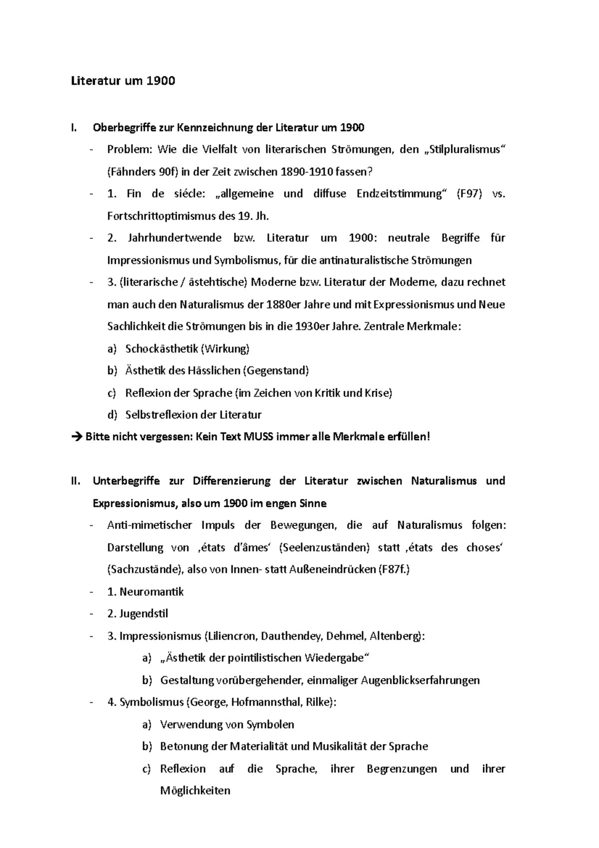 Literatur um 1900 - Literatur um 1900 I. Oberbegriffe zur Kennzeichnung