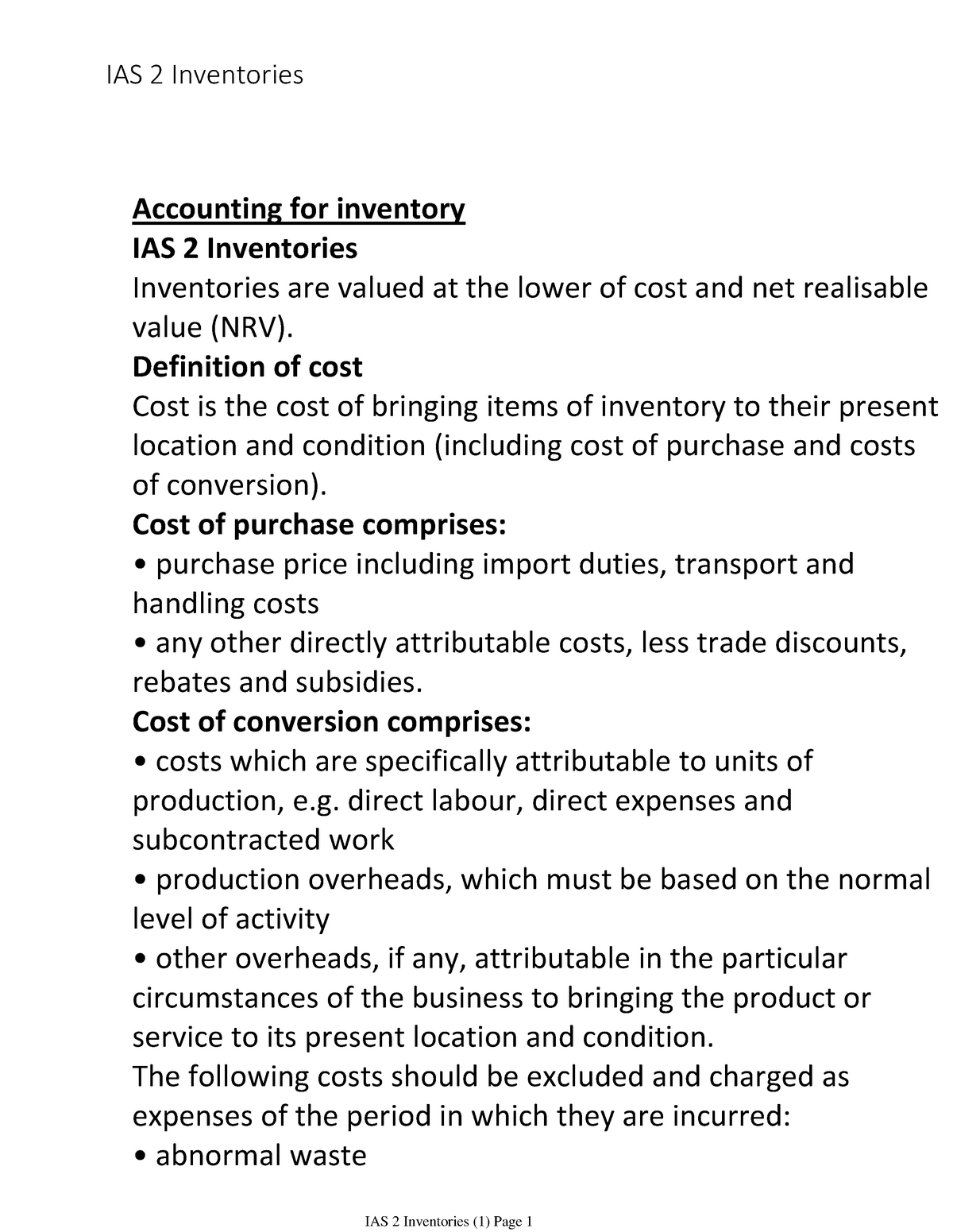 IAS 2 Inventories - Lecture Notes 2 - Accounting For Inventory IAS 2 ...