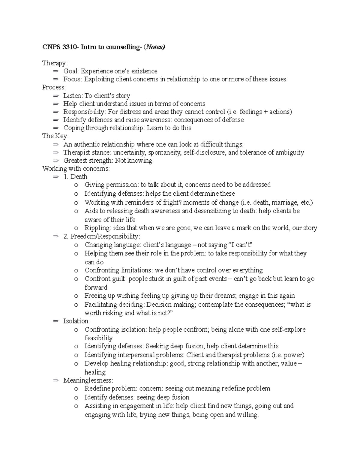 CNPS 3310 - Lecture notes therapy - CNPS 3310- Intro to counselling ...