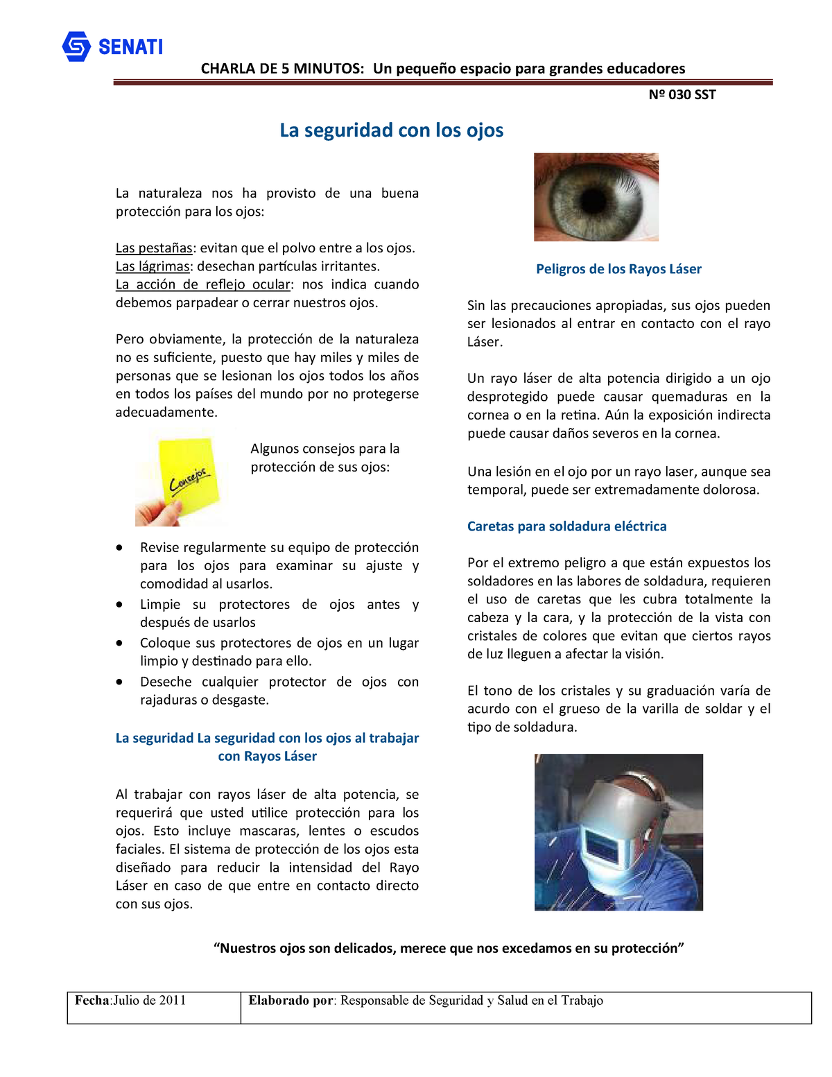 Info 030 Sso Protección De Los Ojos Charla De 5 Minutos Un Pequeño