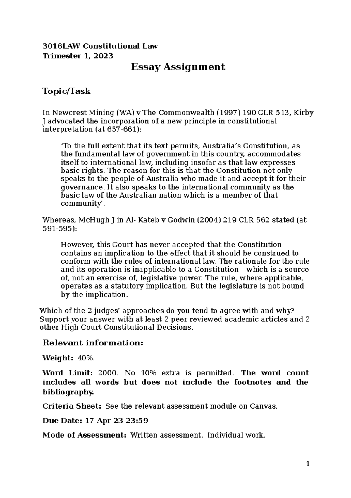 Consitutional Assessment 1 Outline 3016LAW Constitutional Law