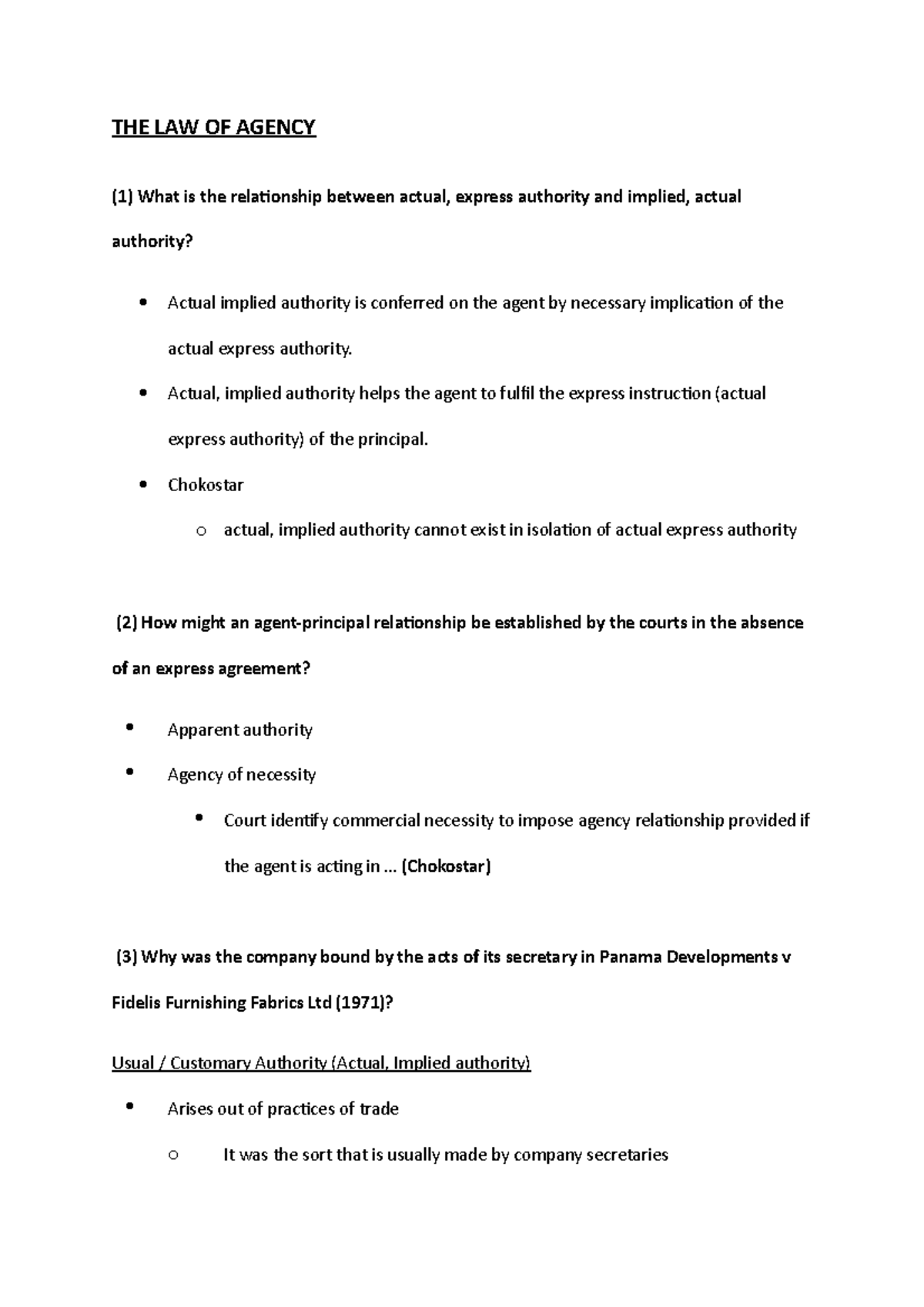 Law of Agency Seminar Summary THE LAW OF AGENCY (1) What is the