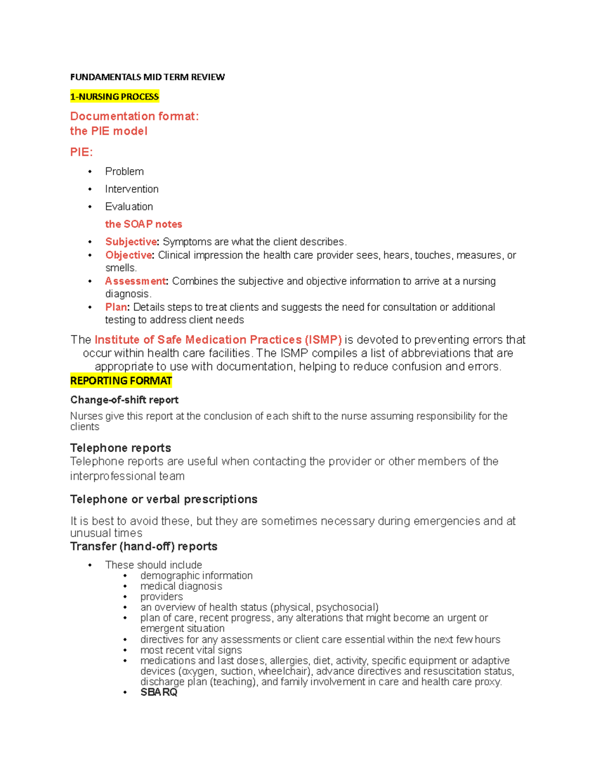 Fundamentals MID TERM Review - FUNDAMENTALS MID TERM REVIEW 1-NURSING ...