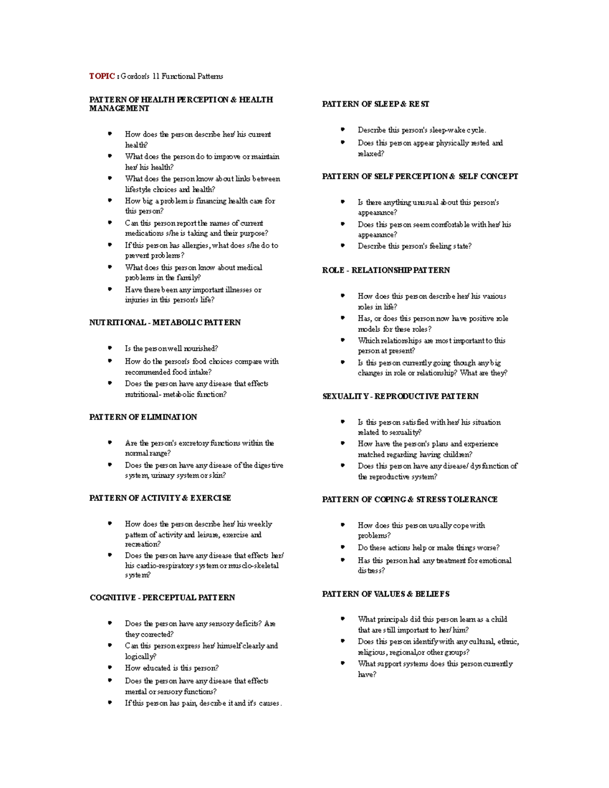 gordon function - TOPIC : Gordon's 11 Functional Patterns PATTERN OF ...