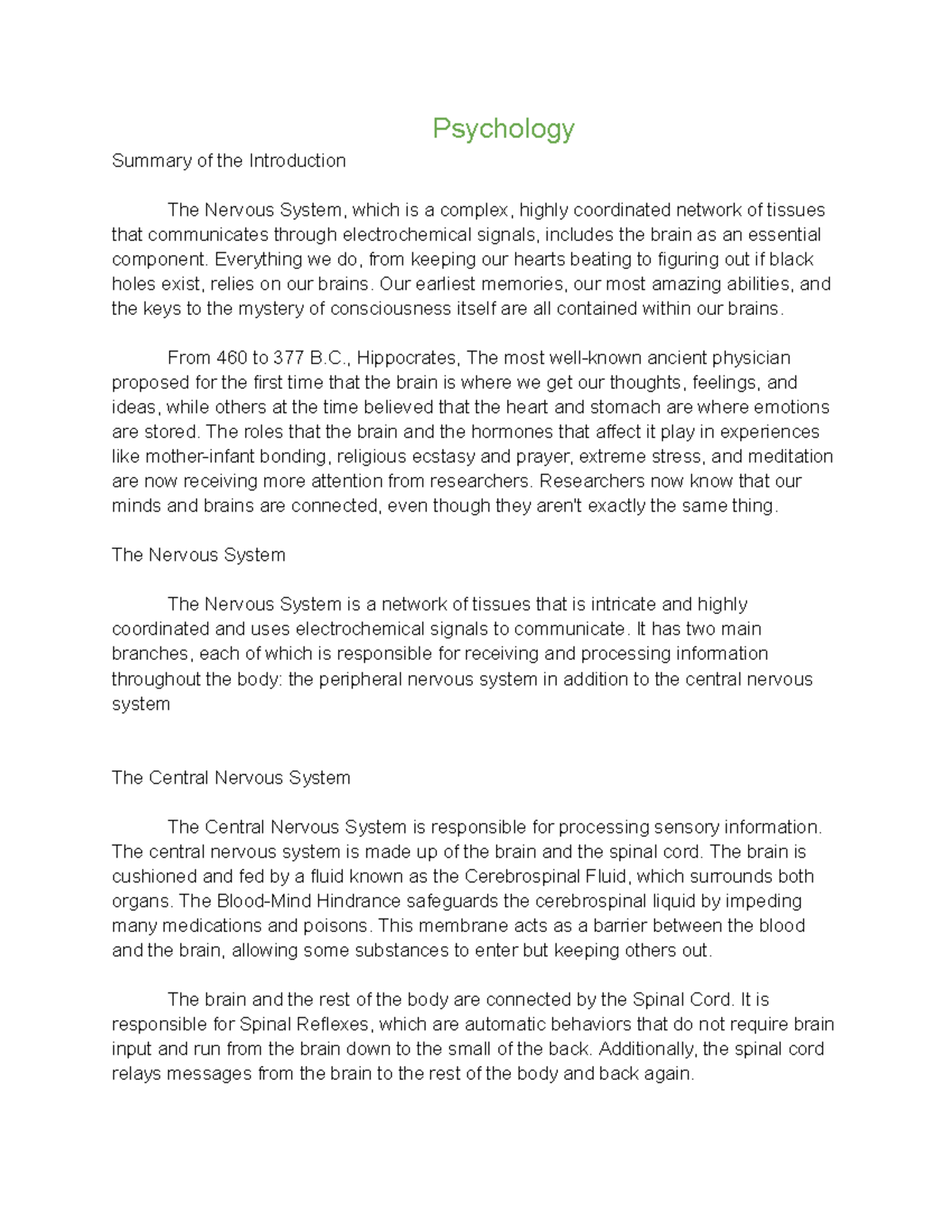Psychology - this is a summary I wrote based on neurons, hormones, and ...