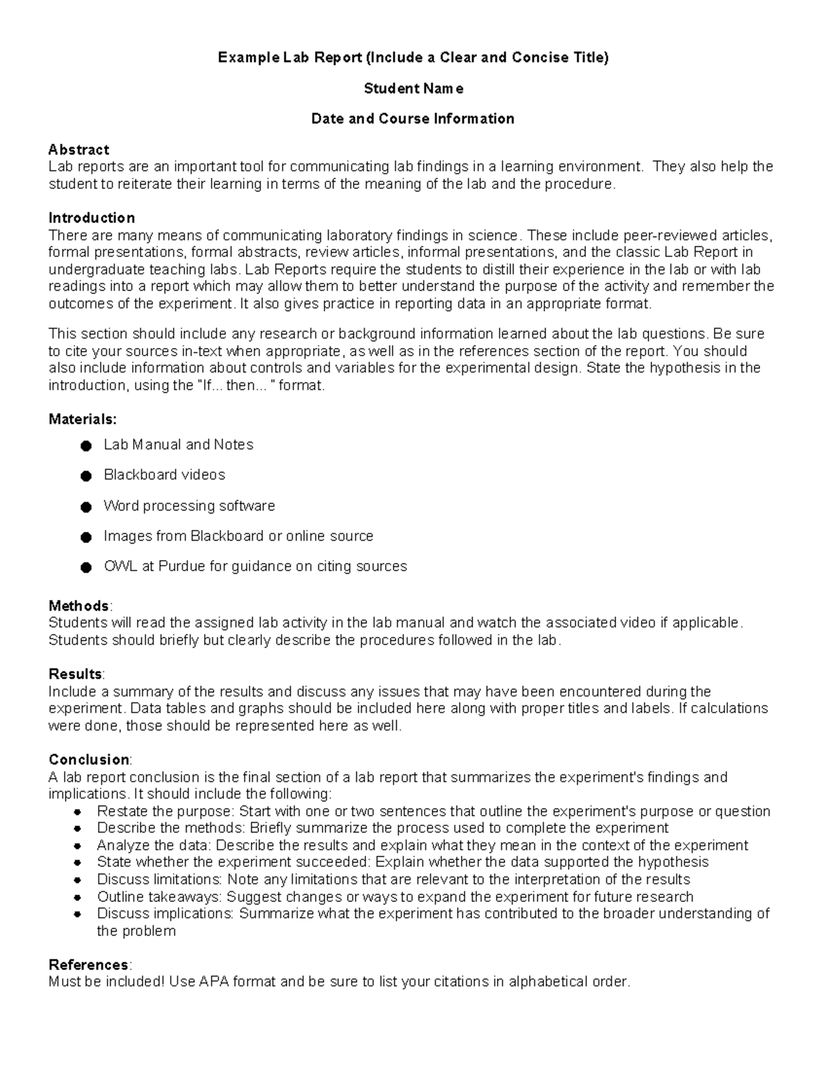 Lab Report Example - Example Lab Report (Include a Clear and Concise ...