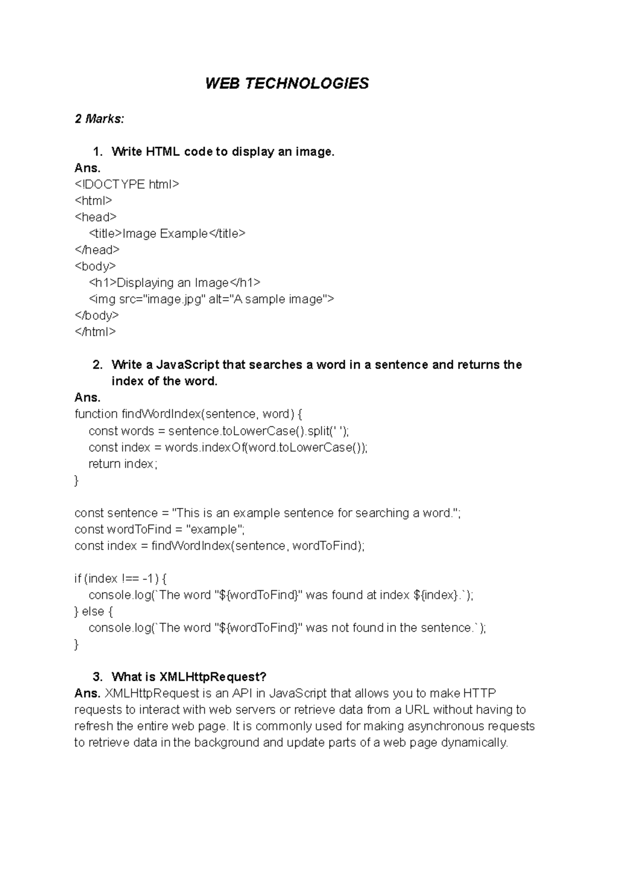 Web Technologies Answers - WEB TECHNOLOGIES 2 Marks: 1. Write HTML code ...