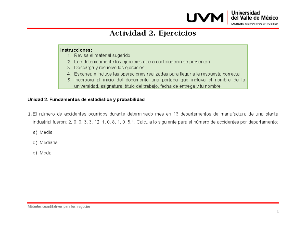 U2 Ejercicios - Trabajo - Actividad 2. Ejercicios Instrucciones: 1 ...