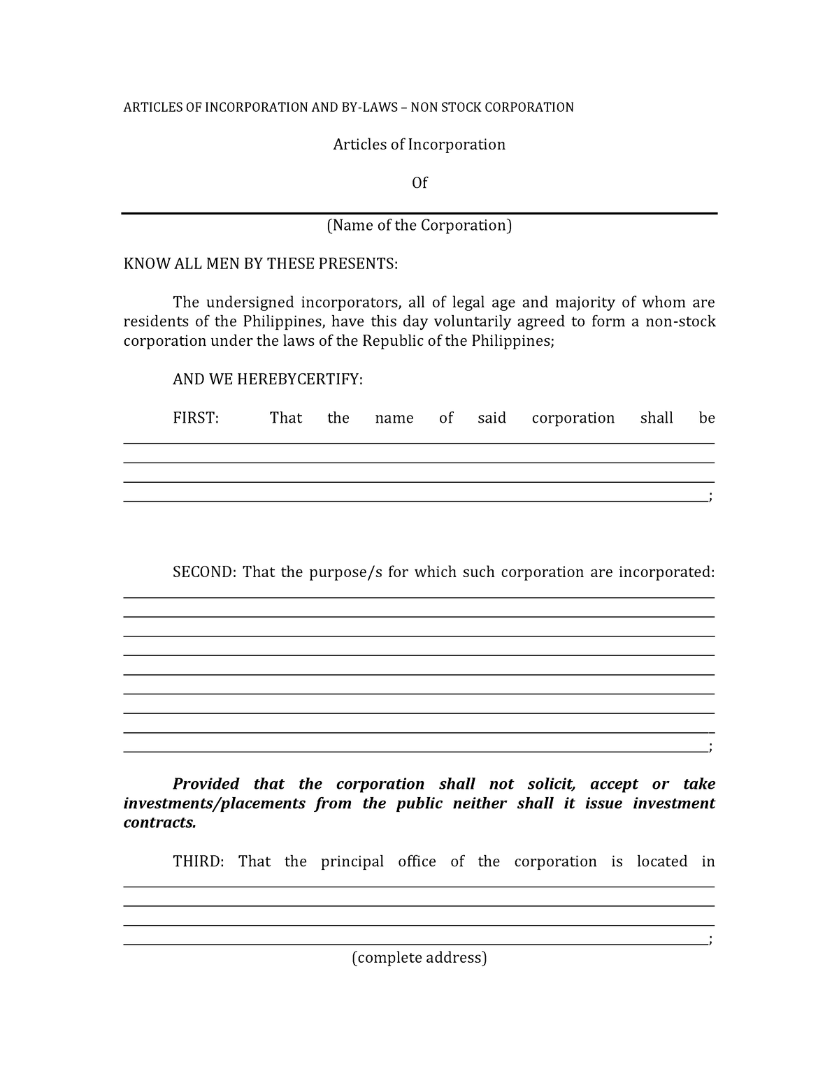 Articles of Incorporation and By laws non stock corporation - ARTICLES ...