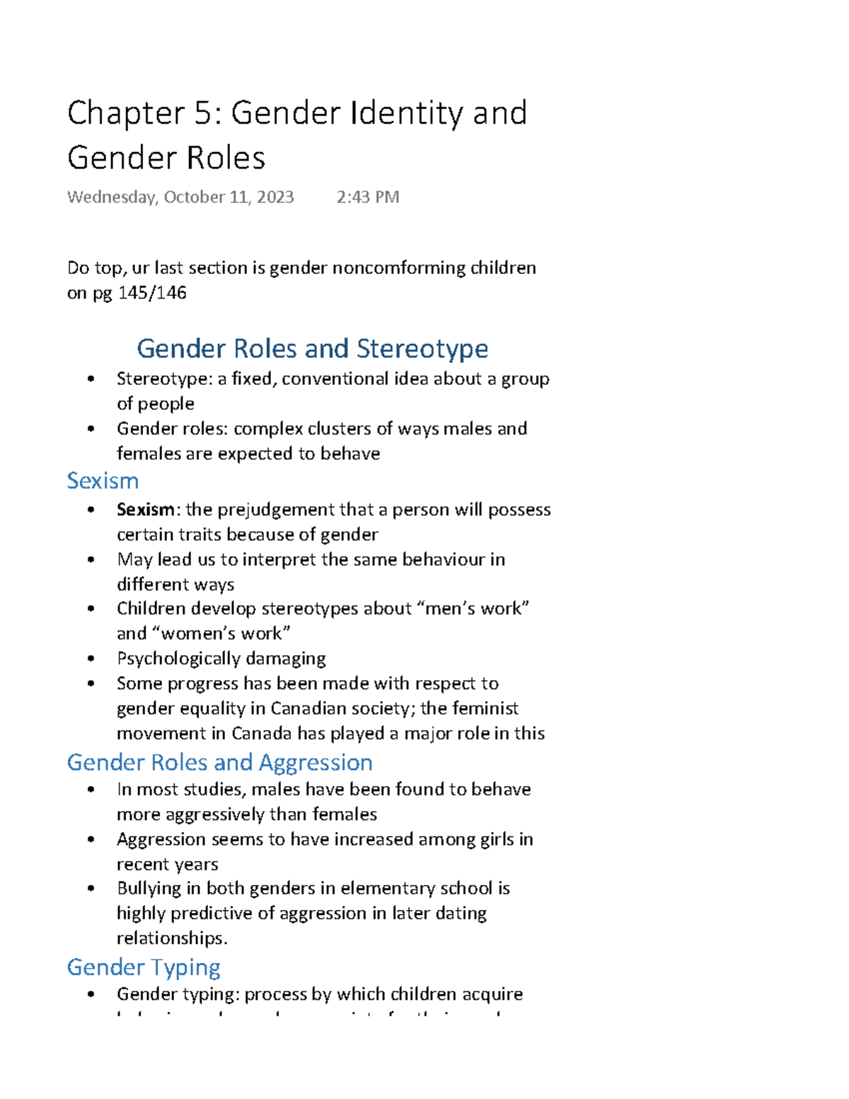 Chapter 5 Gender Identity and Gender Roles - Do top, ur last section is ...