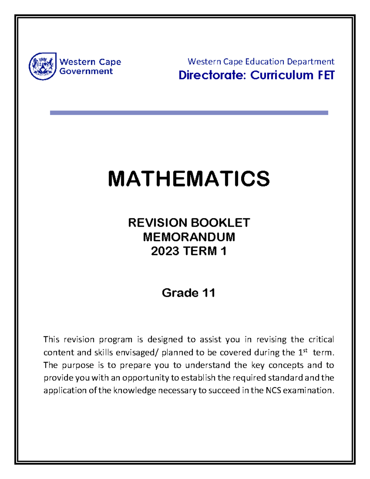 Mathematics Grade 11 Revision memo Term 1 2023 - Western Cape Education ...
