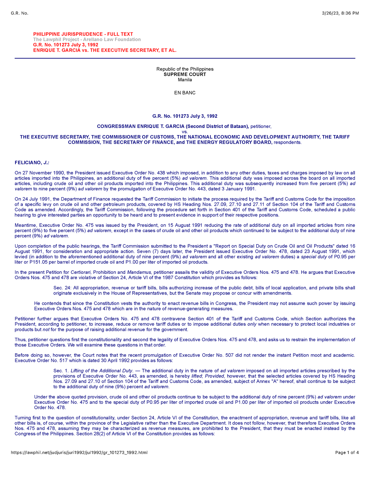 Garcia V Executive Secretary - PHILIPPINE JURISPRUDENCE - FULL TEXT The ...