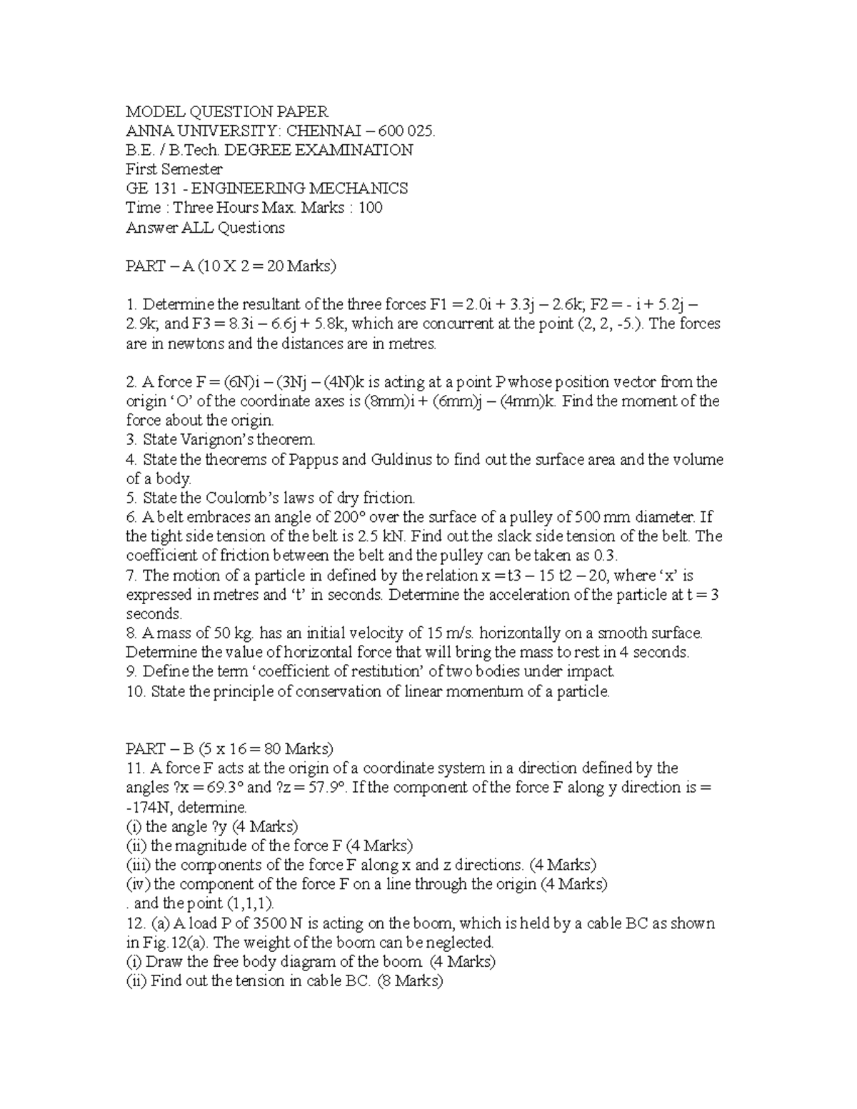 AU B.Tech question paper - MODEL QUESTION PAPER ANNA UNIVERSITY ...