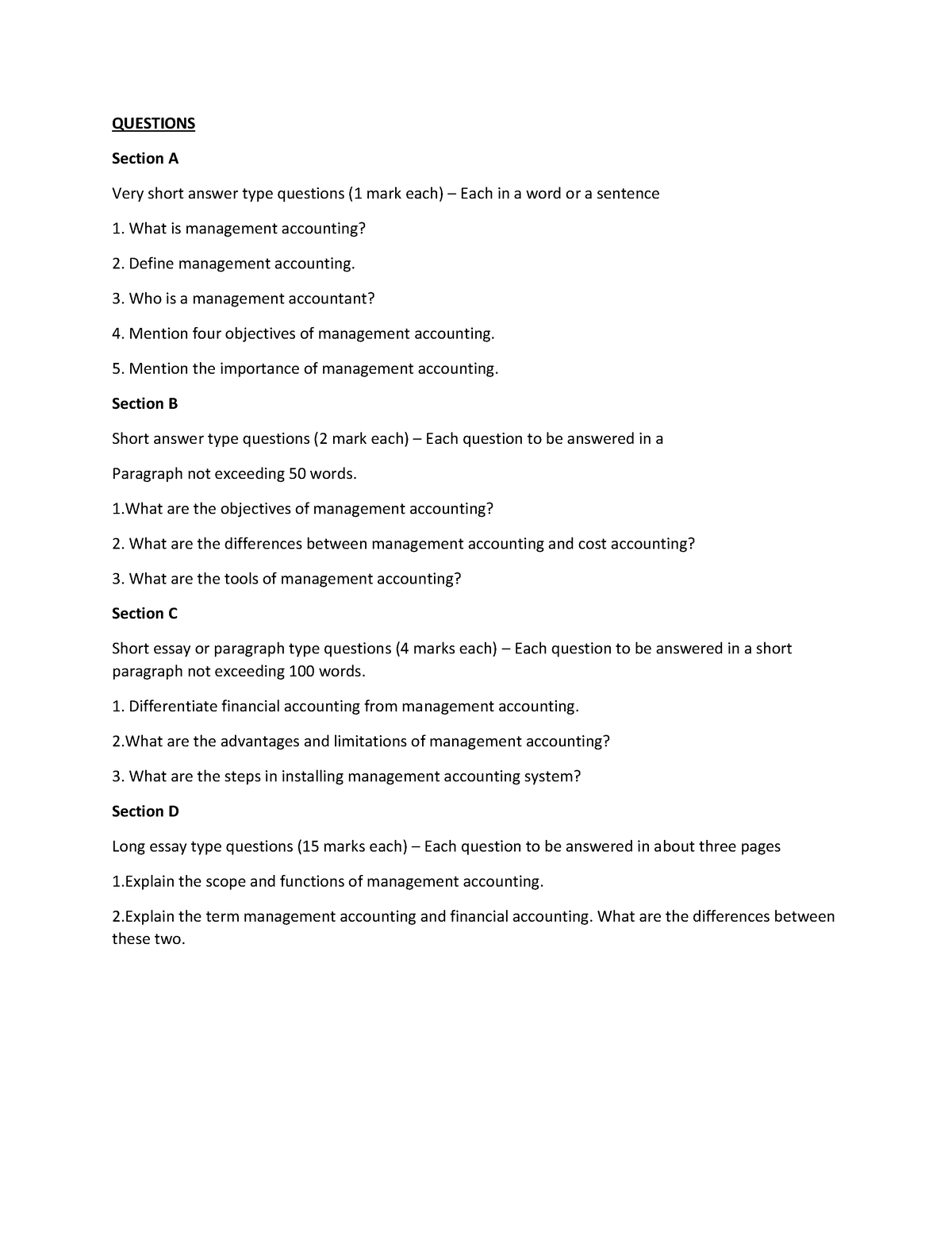 essay questions on management accounting