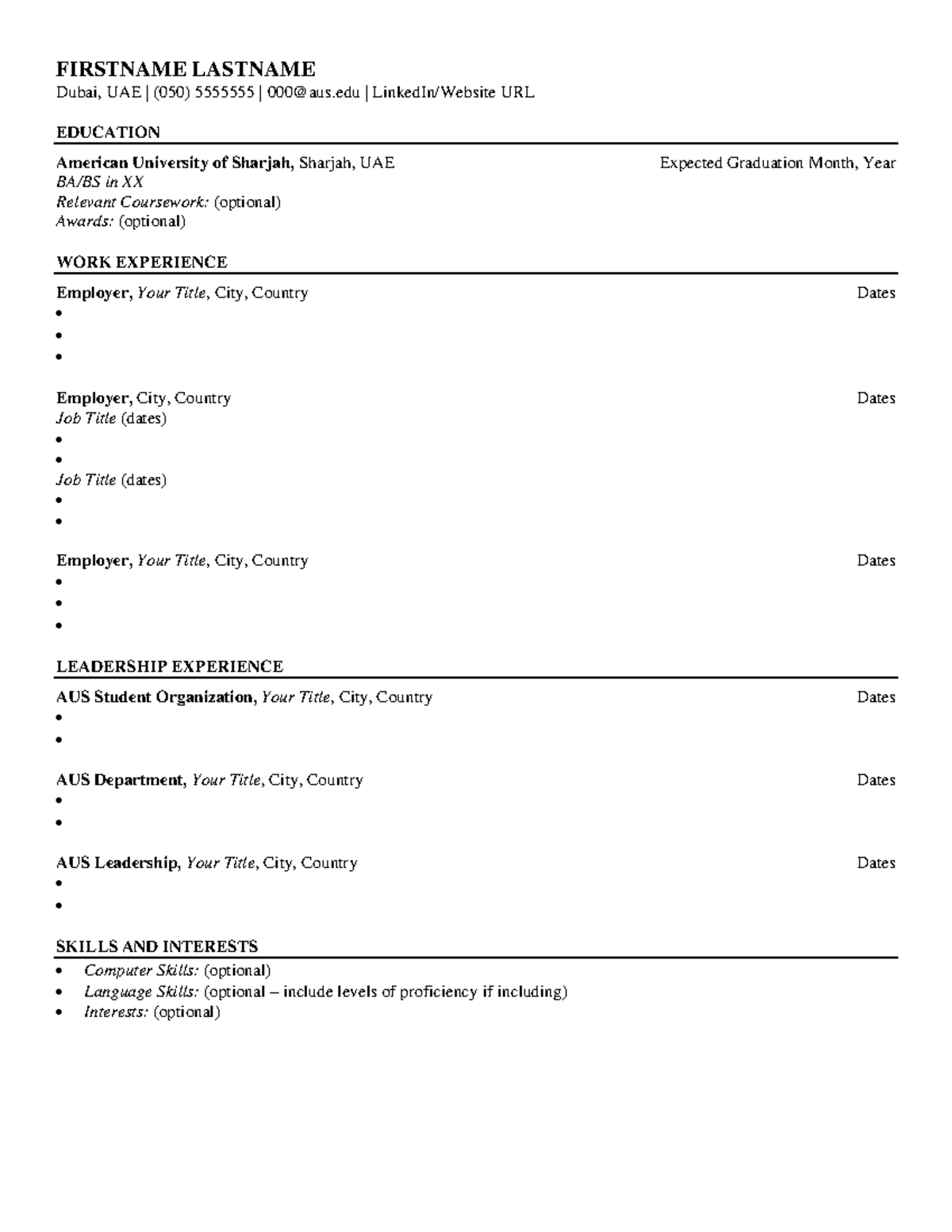 AUS Resume General Template - FIRSTNAME LASTNAME Dubai, UAE | (050 ...