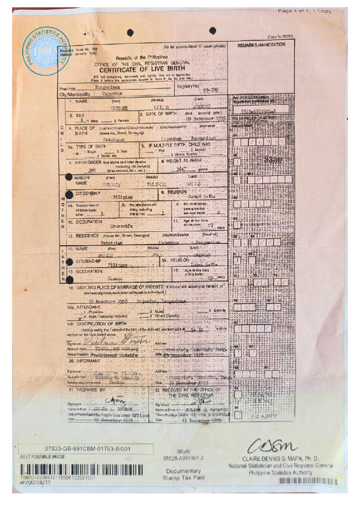 Birth CERT Abarcar - Page 1 of 1. 1 Copy STATISTICS (Copy for OCRG) (To ...