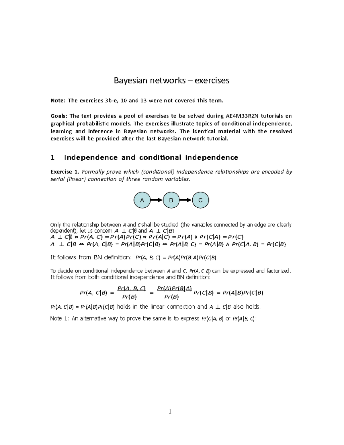Bayesian networks – exercises - 1 Bayesian networks – exercises Note ...