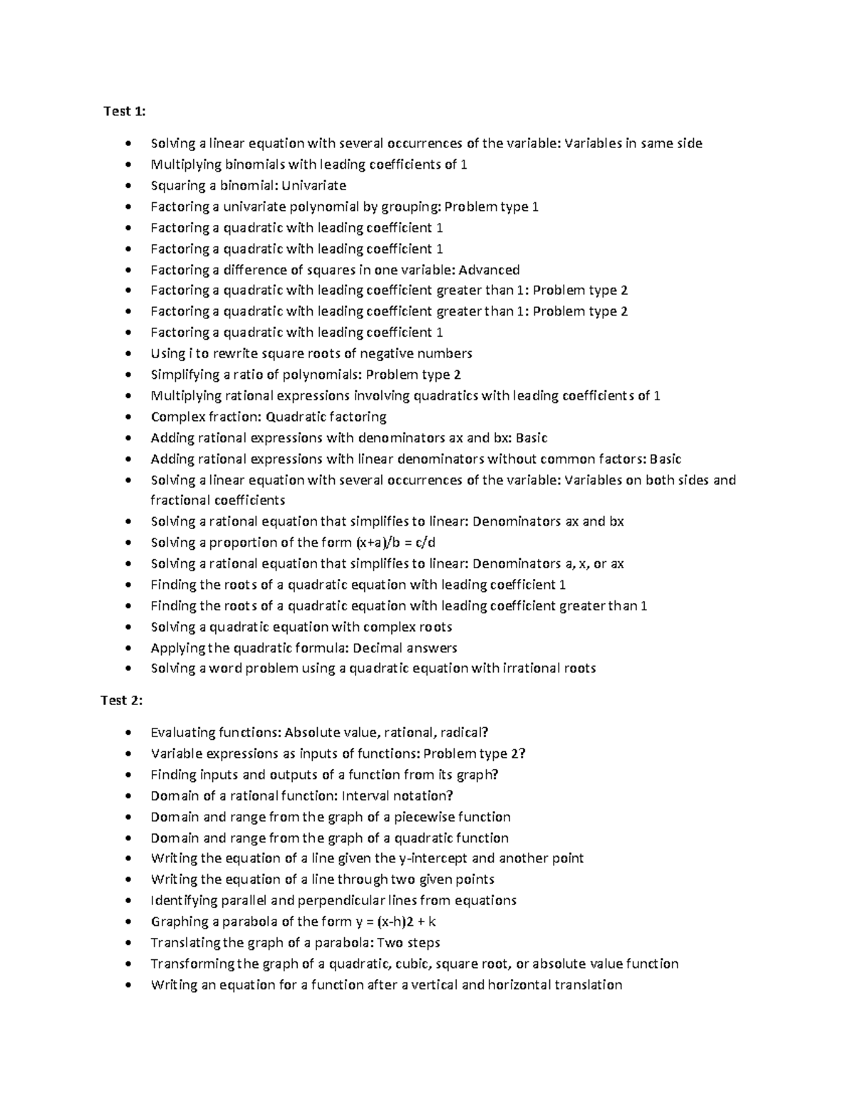 Final Review Topics - College Algebra Sandra Draper - Test 1: - Solving ...