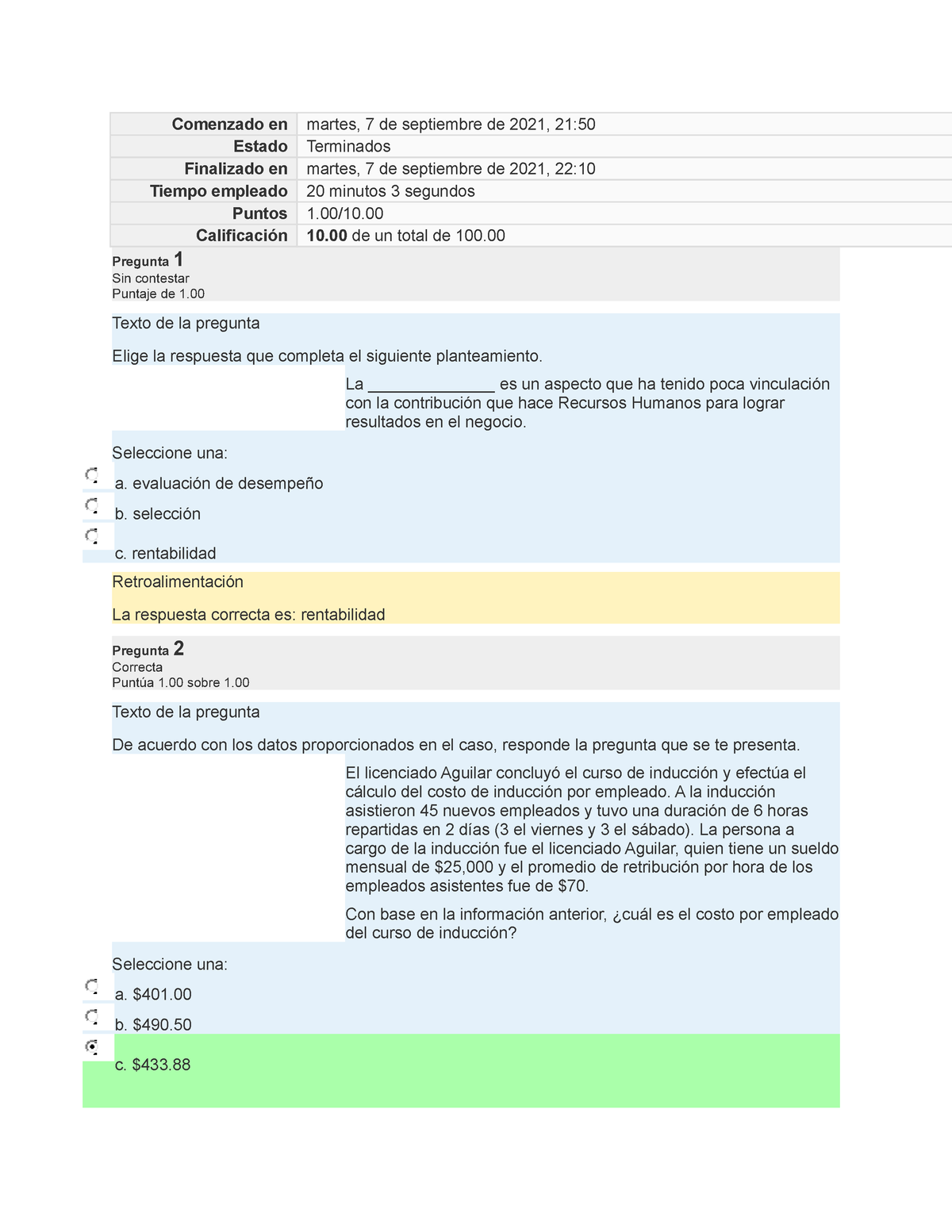 } Examen 1 Capital Humano - Comenzado En Martes, 7 De Septiembre De ...