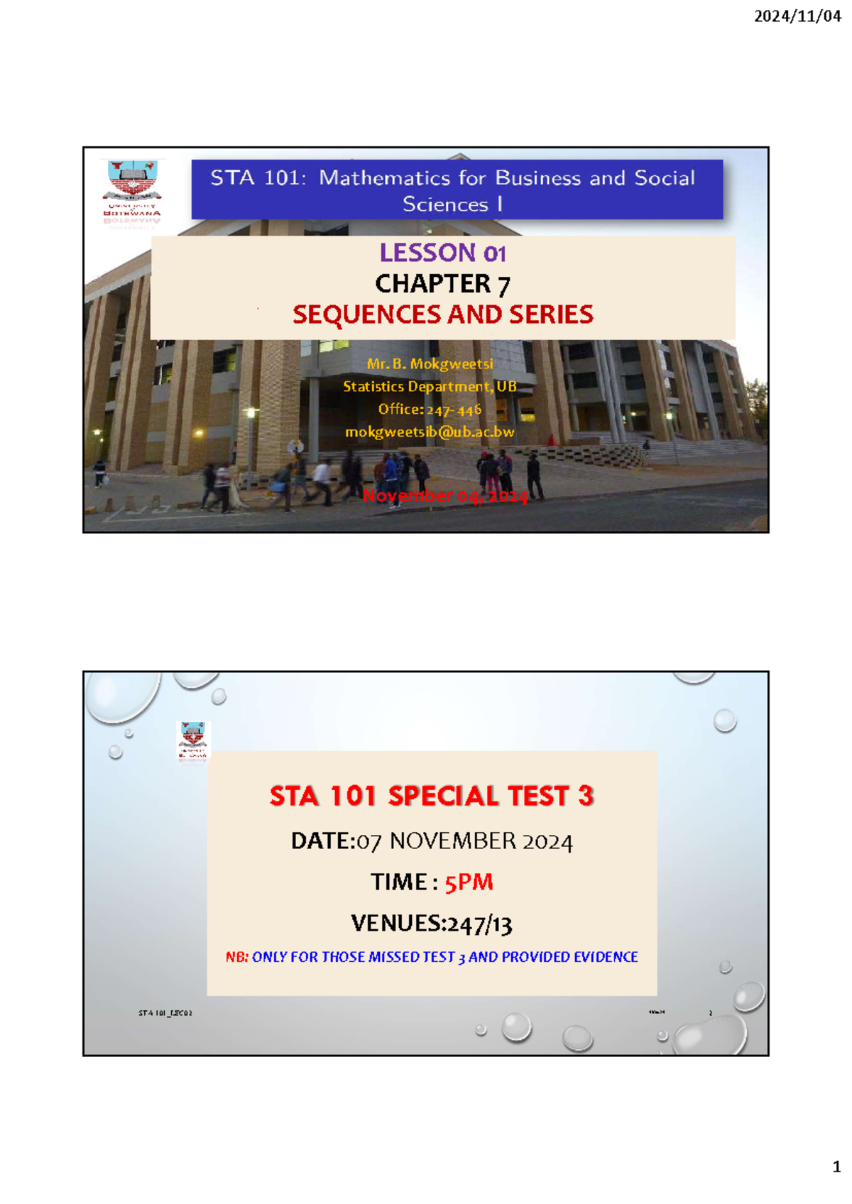 STA 101 Lesson 01 Chapter 07 Sequences and Series 2024 - STA 101_LEC02 ...