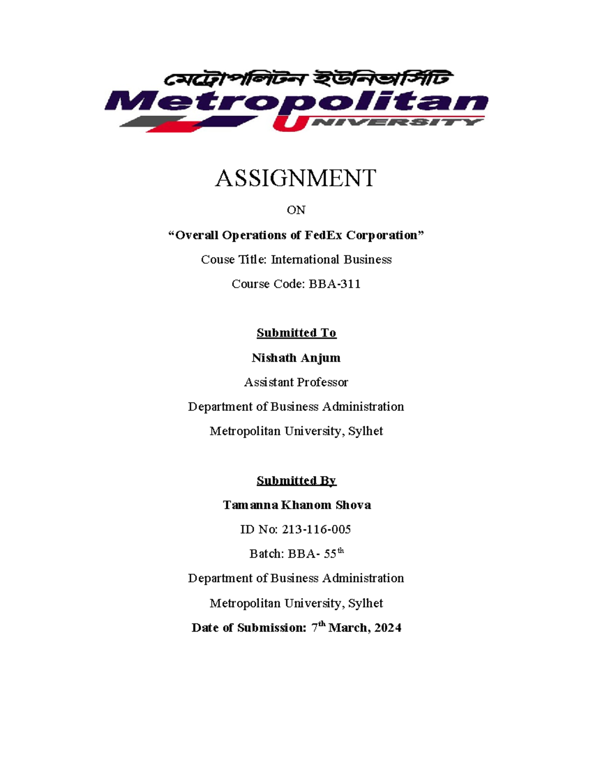 I.Business (Fed Ex) - Class Work - ASSIGNMENT ON “Overall Operations of ...