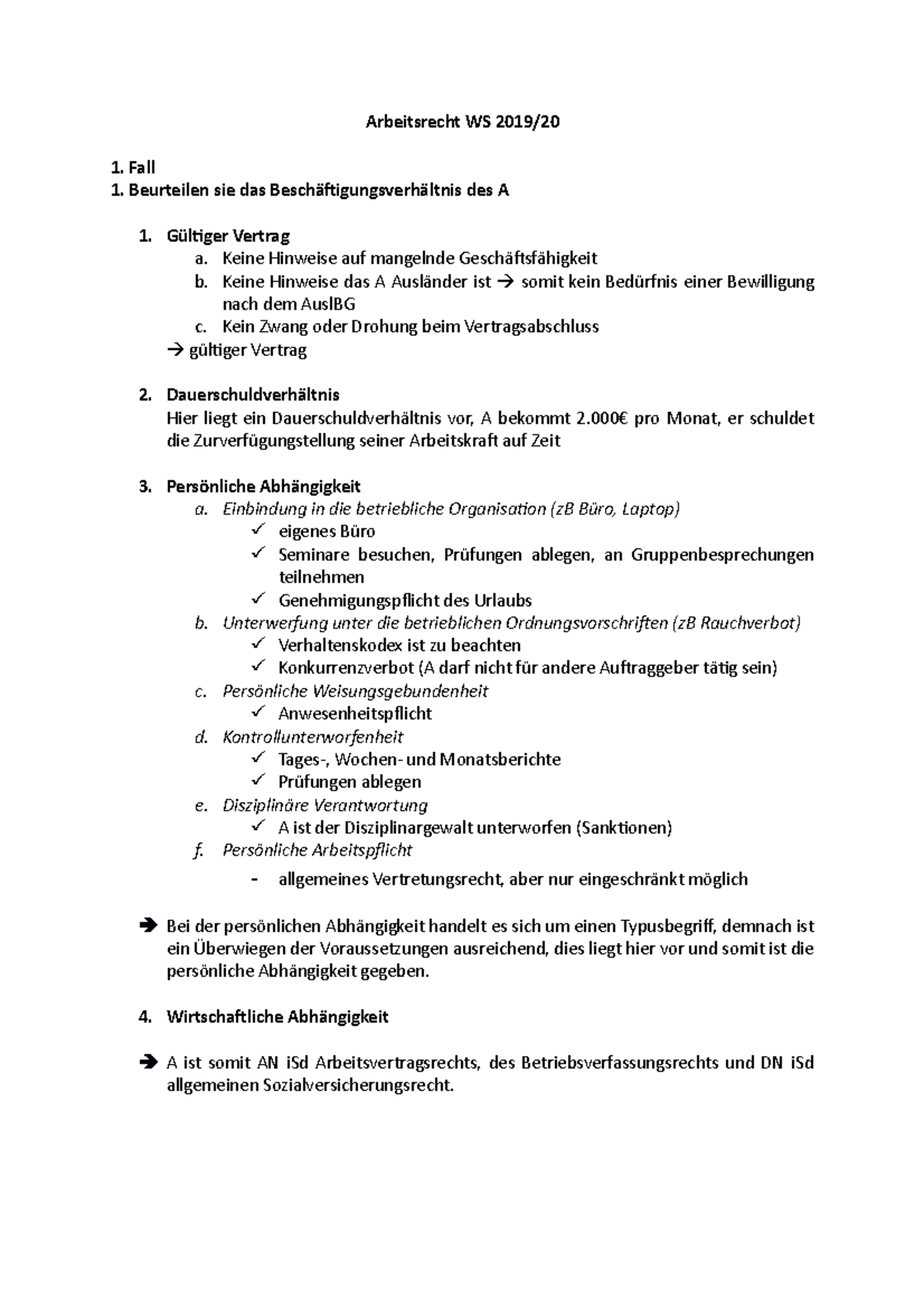 Arbeitsrecht Fälle Lösungen WS 19/20 - Arbeitsrecht WS 2019/ Fall