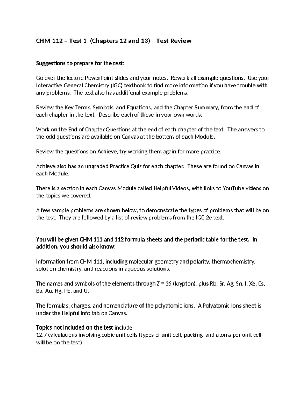 112 Test 1 Review - CHM 112 – Test 1 (Chapters 12 and 13) Test Review ...