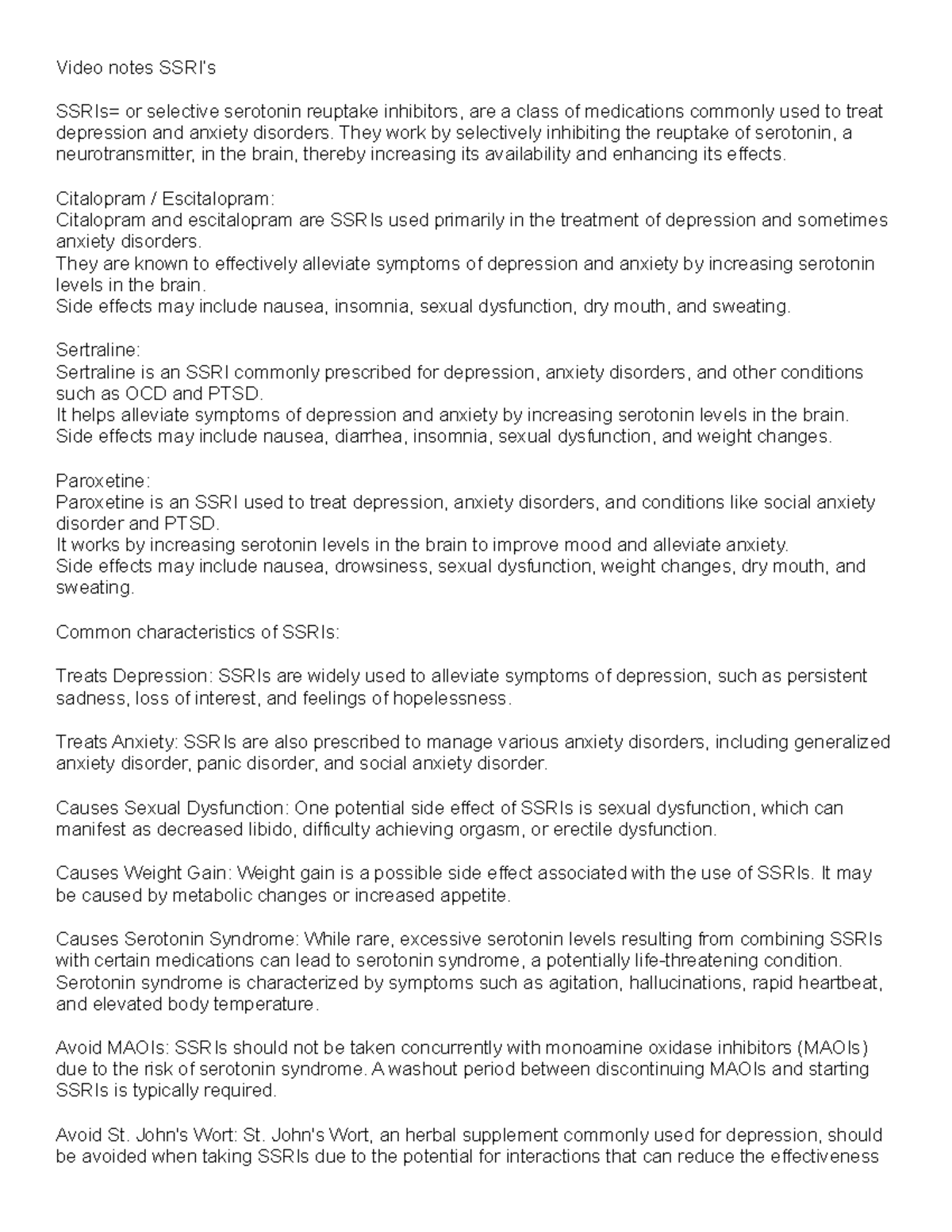 NURS 223 notes wk 3 - document - Video notes SSRI’s SSRIs= or selective ...