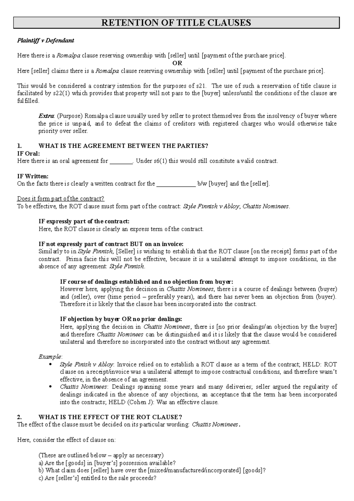 Retention of Title Clauses RETENTION OF TITLE CLAUSES Plaintiff v