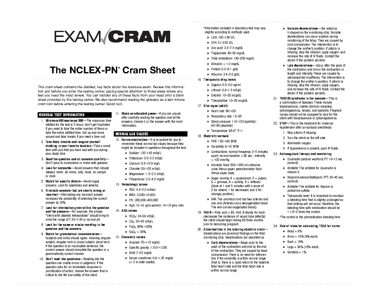 71104357 Cramsheet Exam Cram Nclex Pn The Nclex Pn Cram Sheet This Cram Sheet Contains The Studocu