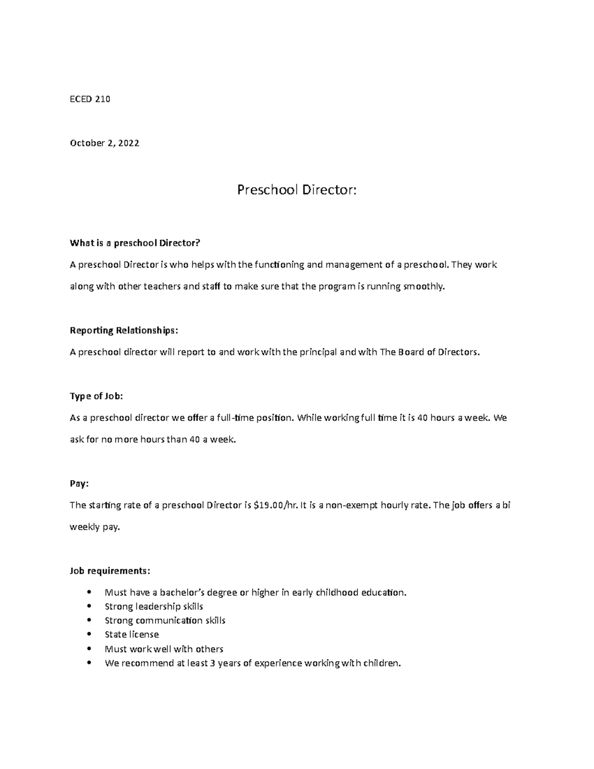 Preschool director description ECED 210 October 2, 2022 Preschool