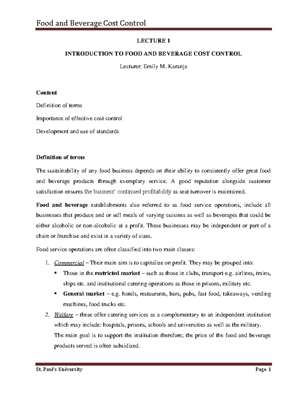 FOOD AND Beverage COST Control Lecture 1 LECTURE 1 INTRODUCTION TO