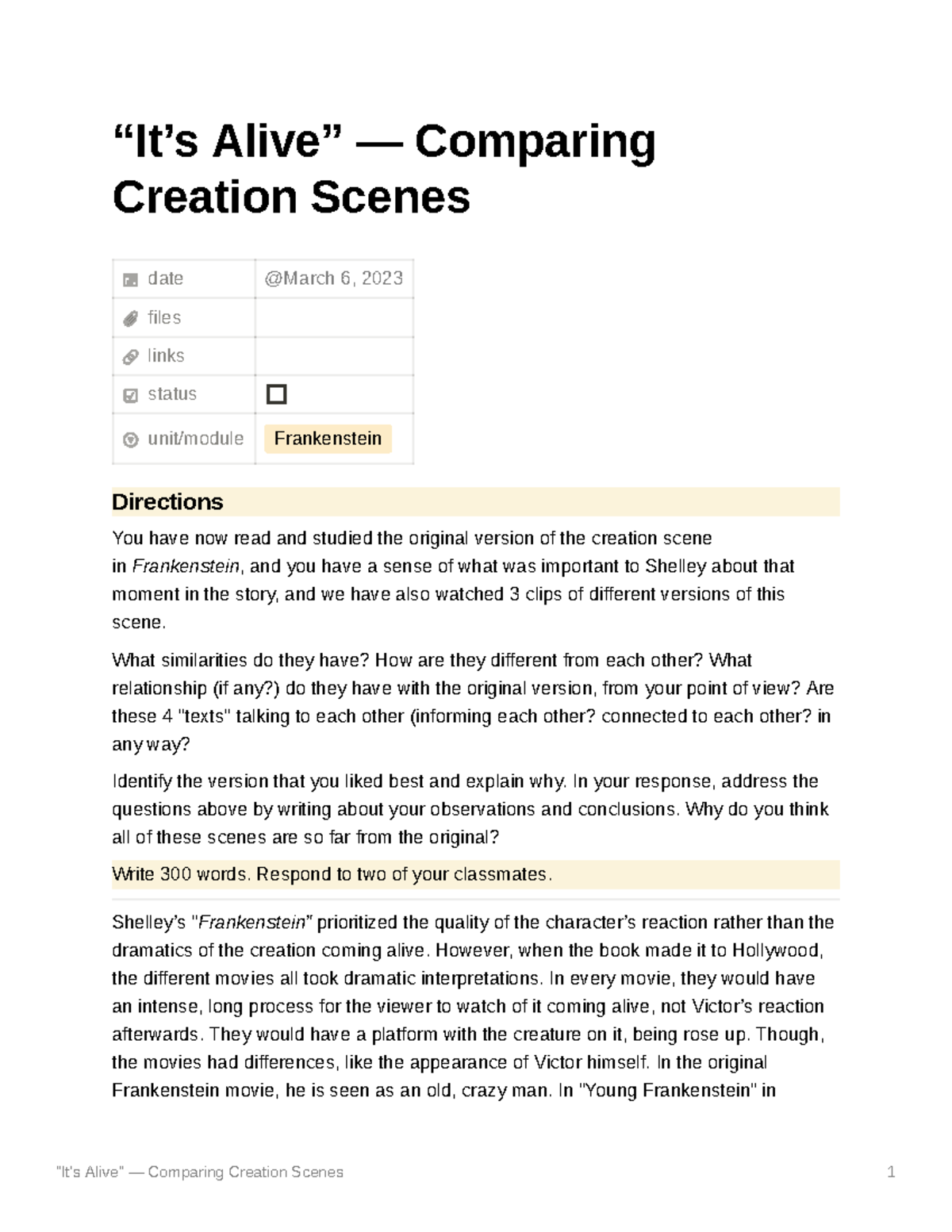 Comparing Frankenstein - “It’s Alive” — Comparing Creation Scenes 1 “It ...