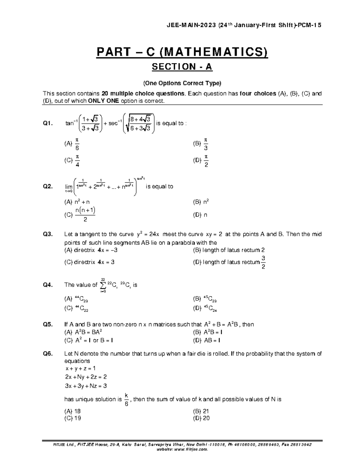 maths assingment - FIITJEE Ltd., FIITJEE House, 29-A, Kalu Sarai ...