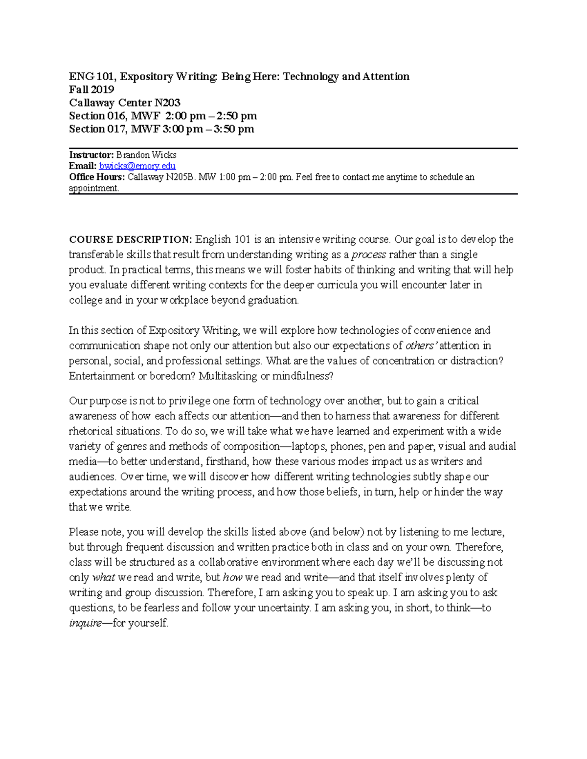 Wicks - ENG 101 - Fall syllabus - ENG 101, Expository Writing: Being ...