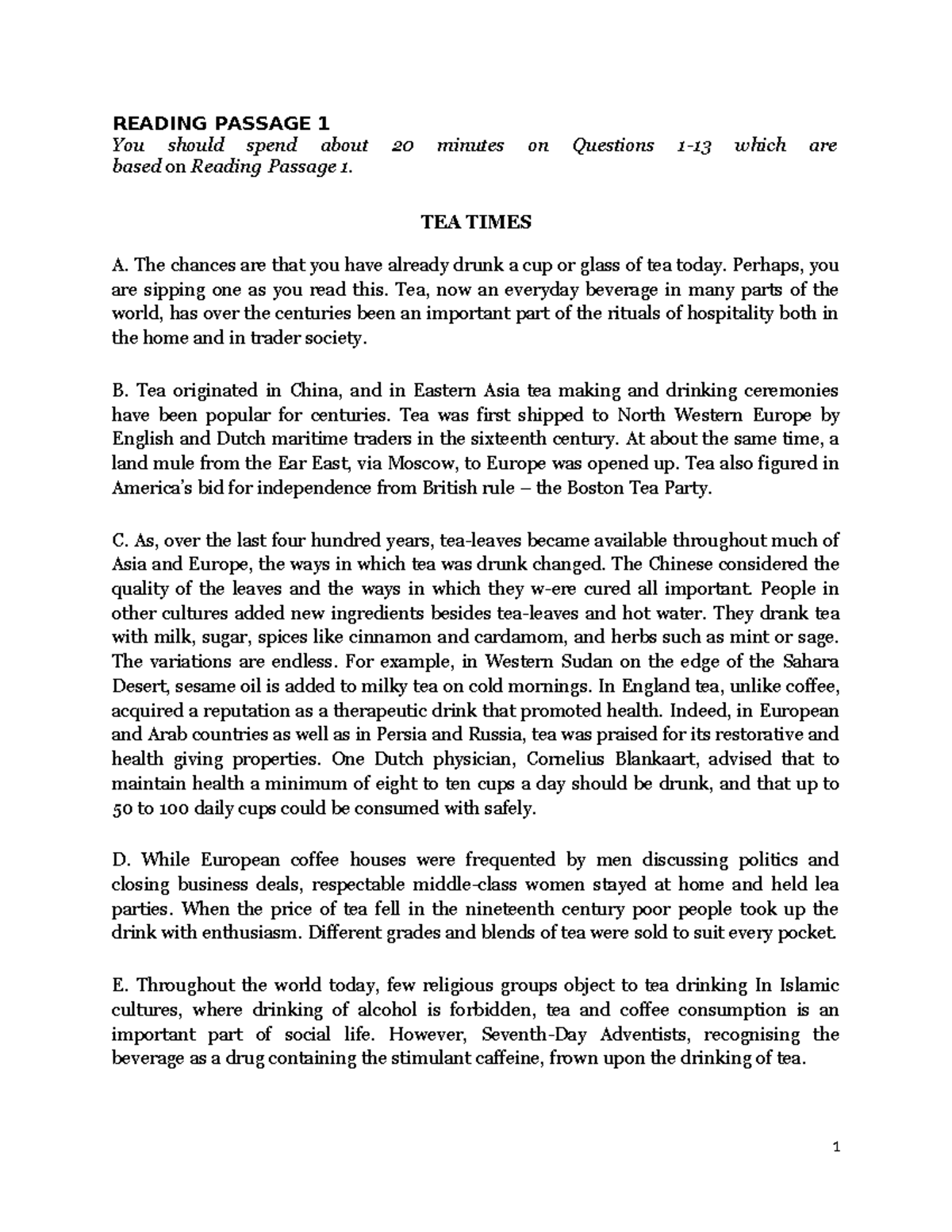 Academic Reading TEA Times January 5 - READING PASSAGE 1 You should ...
