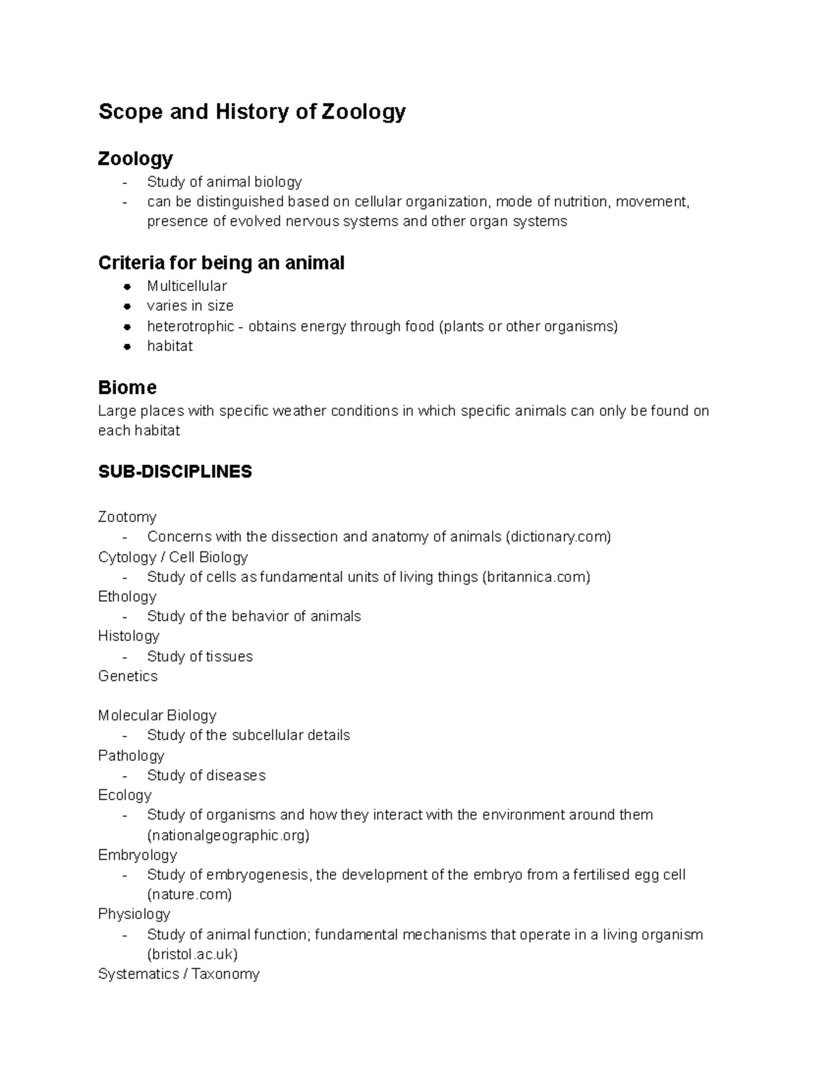 Zoology Lec 1 bio Scope and History of Zoology Zoology Study of